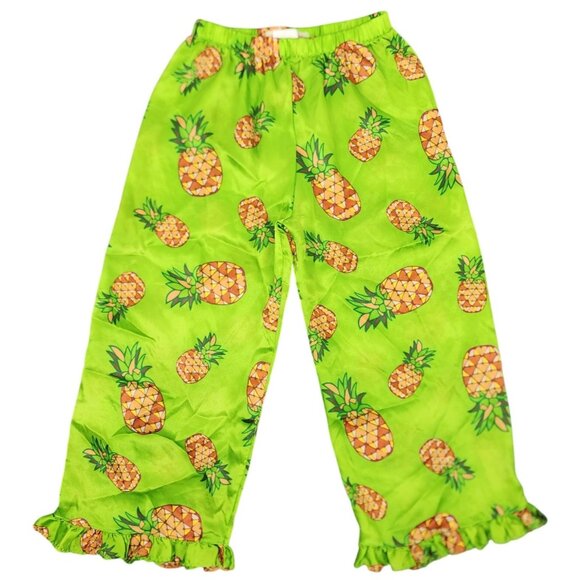 Women's Jonathan Martin Cropped Pineapple Pajama Pants Satin XS Green Ruffle Hem - Picture 1 of 5